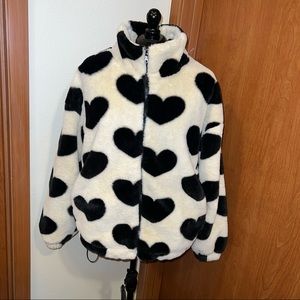 Cream & Black Hearts Fluffy Jacket